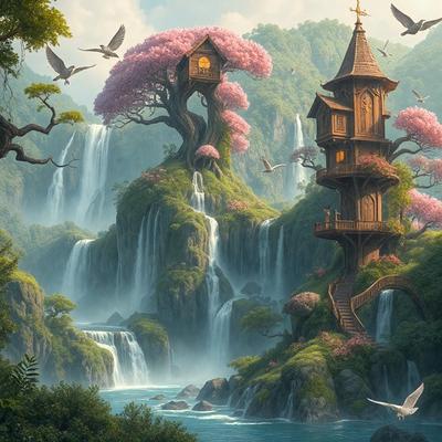 The primary subject of the image is a beautifully illustrated scene featuring a house, a waterfall, and a bird. The house is situated on a hillside, and the waterfall cascades down the hill, creating a picturesque landscape. The bird is perched on a branch, adding a touch of life and movement to the scene. The visual style of the image is a combination of digital art and illustration, creating a vibrant and lively atmosphere. The colors and mood of the image are predominantly warm and